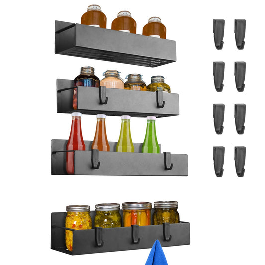 4Pc Spice Rack - Strong Magnetic Shelf with 8 Removable Hooks