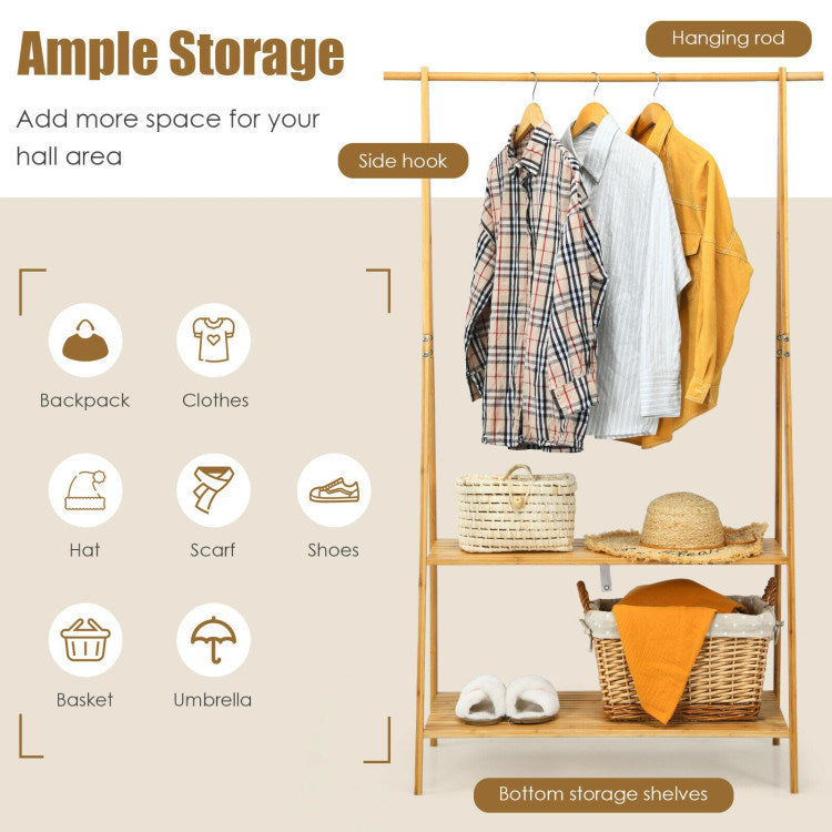 Bamboo Clothes Hanging Rack with 2-Tier Storage Shelf