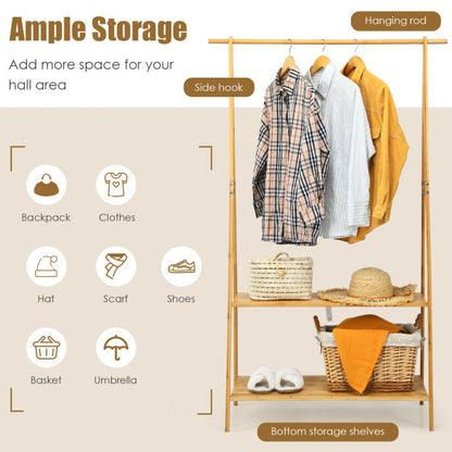 Bamboo Clothes Hanging Rack with 2-Tier Storage Shelf