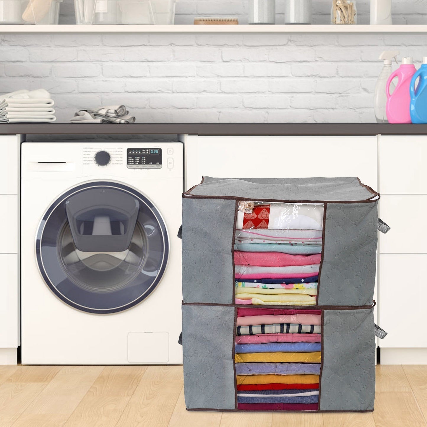 2Pc Storage Bag 90L Large Capacity Foldable Closet Organizer w/ Thick Fabric Clear Window