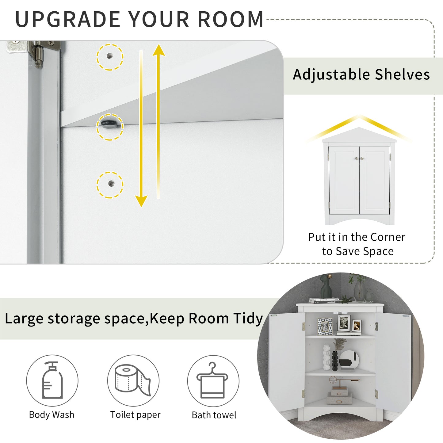 White Triangle Bathroom Storage Cabinet with Adjustable Shelves