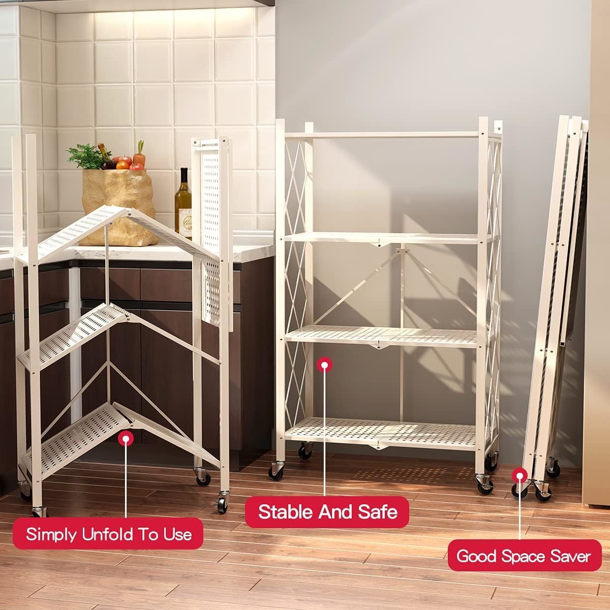 Metal Storage Shelving Unit Collapsible - for Kitchen Bathroom