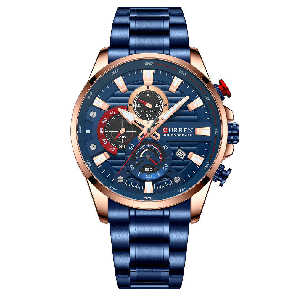 Men's Calendar Watch with Steel Band Six-hand Quartz