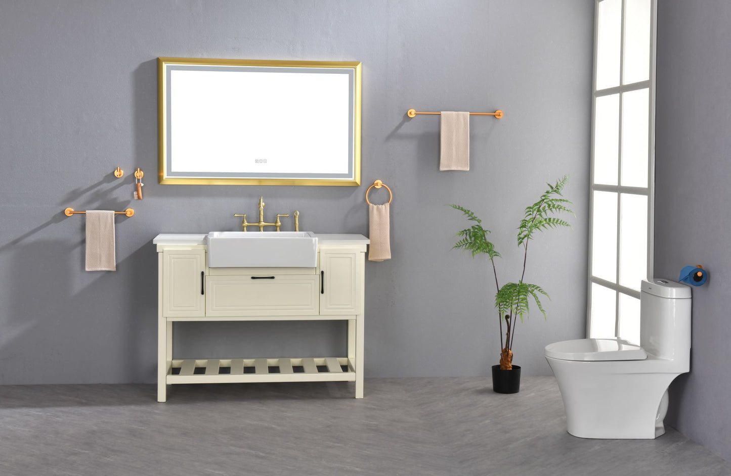 Oversized Rectangular Gold Framed LED Mirror Anti-Fog Dimmable Wall Mount Vanity Mirror