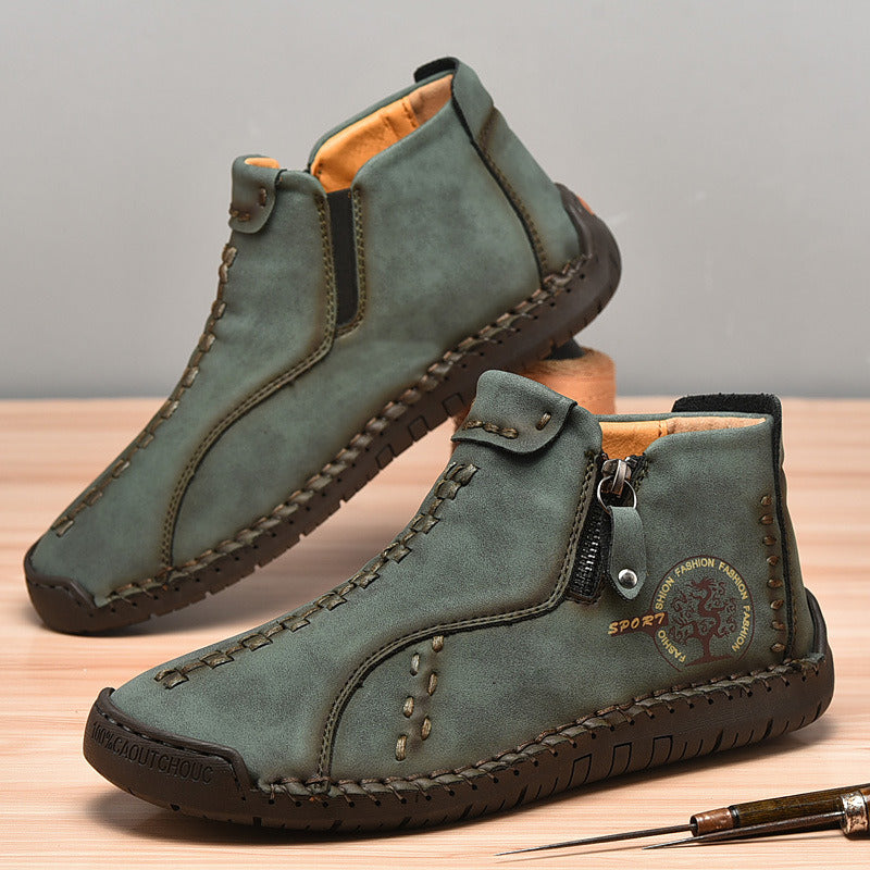 Spring Autumn Winter Ankle Martin Boots Men Retro Casual Slip on Leather Shoes Mid-top Hand Sewn Outdoor Zip Vintage Brown Green