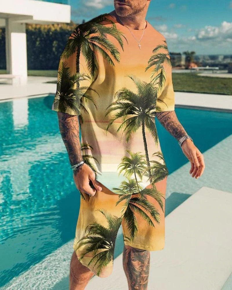 Fashion - Men's Casual Sports Suit Digital Printing T-Shirt Casual Two-Piece Set