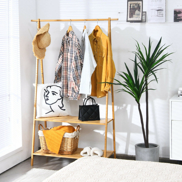 Bamboo Clothes Hanging Rack with 2-Tier Storage Shelf