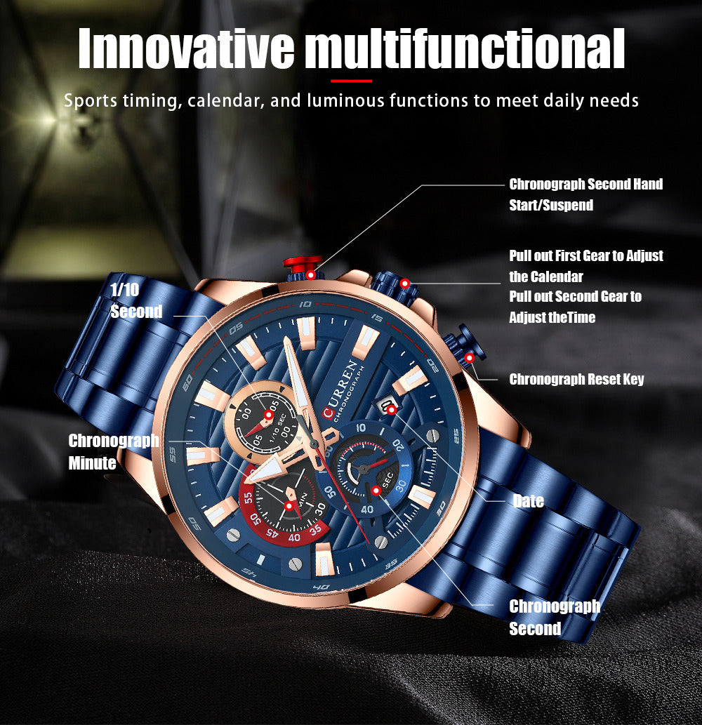 Men's Calendar Watch with Steel Band Six-hand Quartz