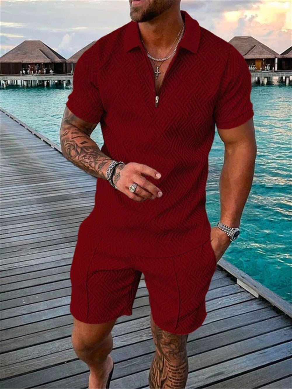 Men's Short Sleeve Casual Polo Shirt and Shorts Sets Two Piece