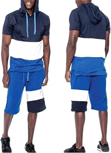 Men's Casual Stitching Color 2 Piece Short Set