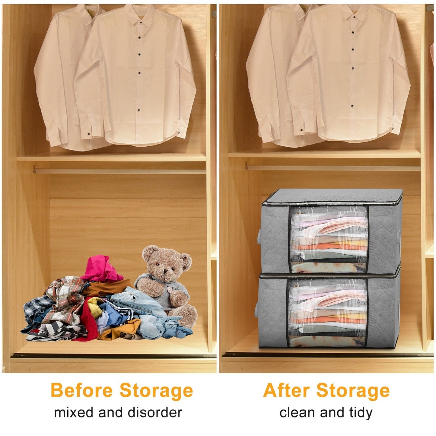 2Pc Storage Bag 90L Large Capacity Foldable Closet Organizer w/ Thick Fabric Clear Window