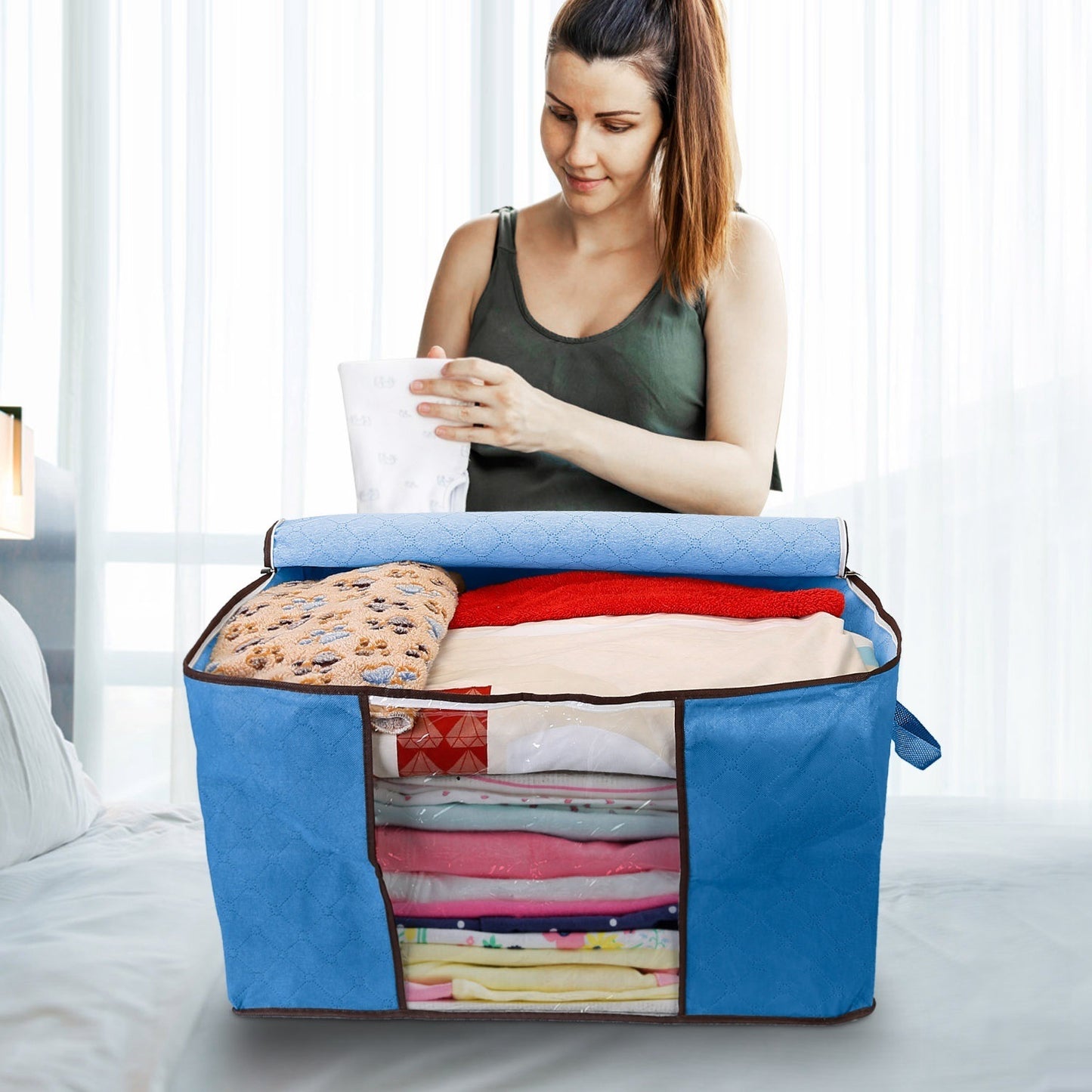 2Pc Storage Bag 90L Large Capacity Foldable Closet Organizer w/ Thick Fabric Clear Window