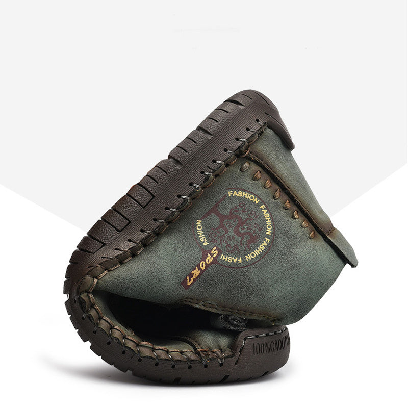 Spring Autumn Winter Ankle Martin Boots Men Retro Casual Slip on Leather Shoes Mid-top Hand Sewn Outdoor Zip Vintage Brown Green