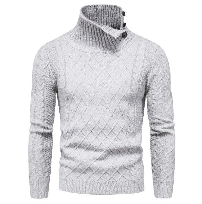 Men's Sweater Pullover Heap Collar Ribbed Knitted Sweatershirt with Leather Buttons Winter