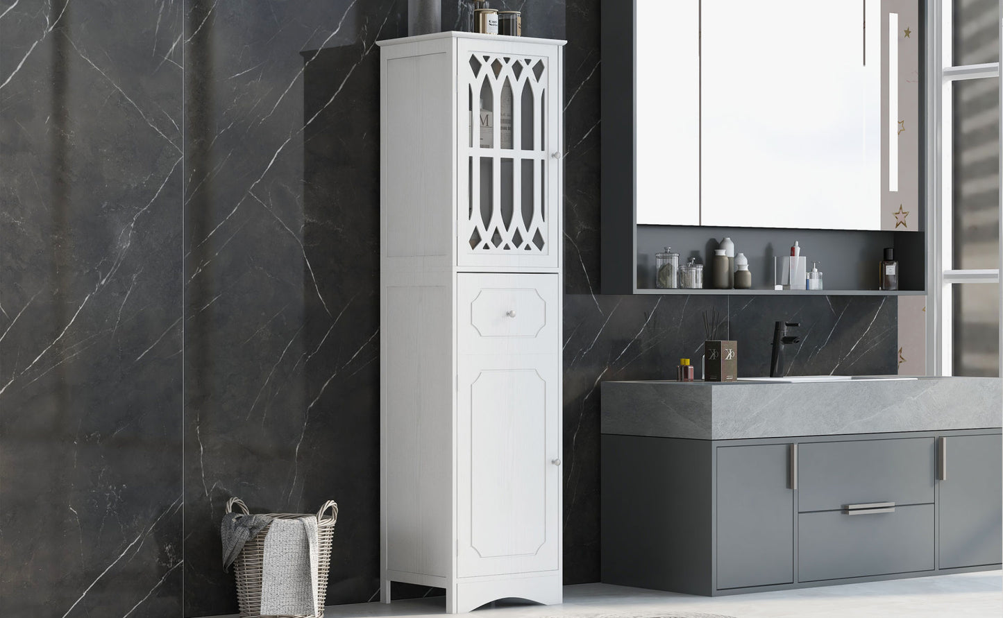 Tall Bathroom Cabinet - Freestanding Storage Cabinet with Drawer and Doors