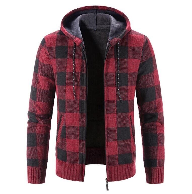 Mens Plaid Hoodies Fleece Sweater