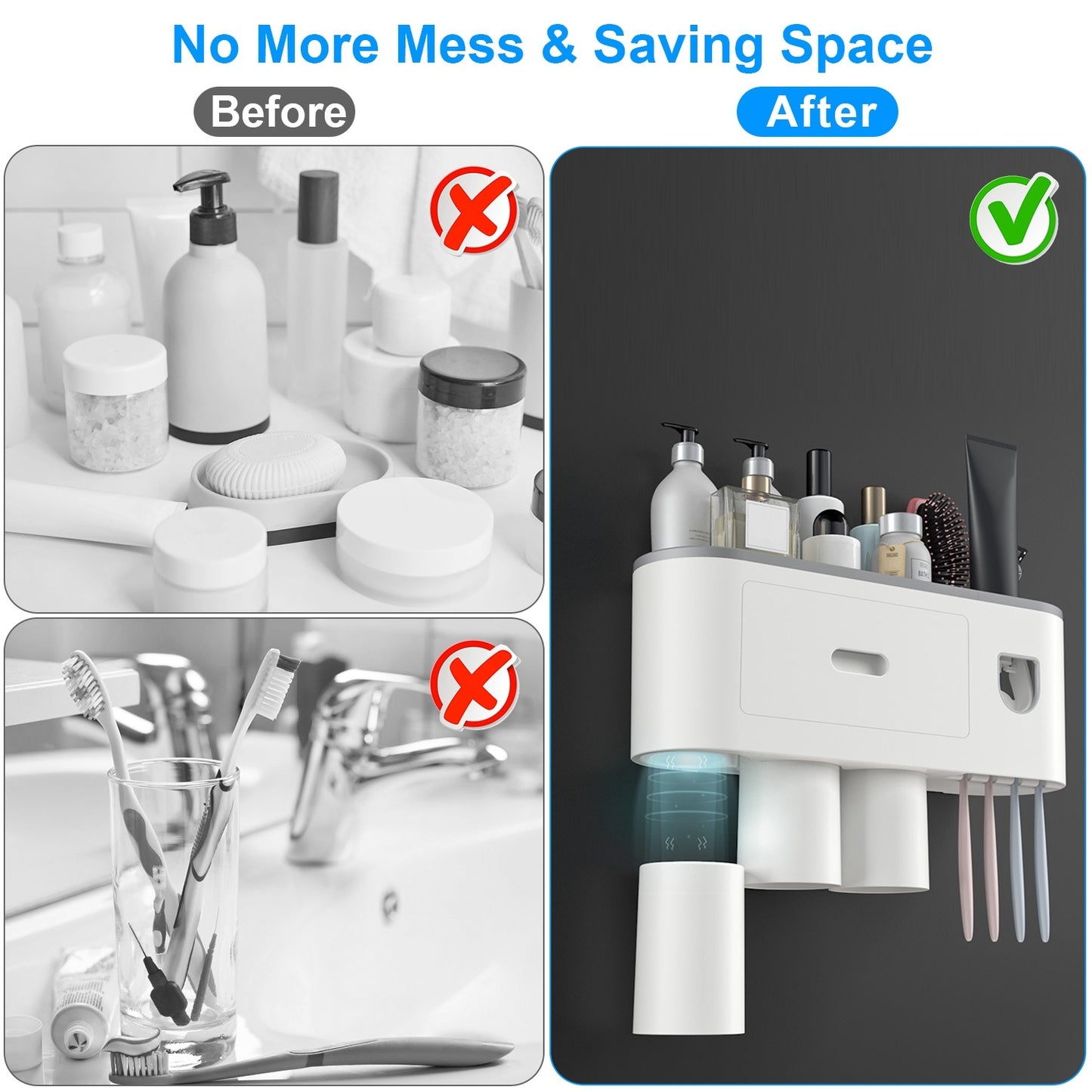 Multifunctional Wall Mount Toothbrush - Rack Organizer - Toothpaste Dispenser