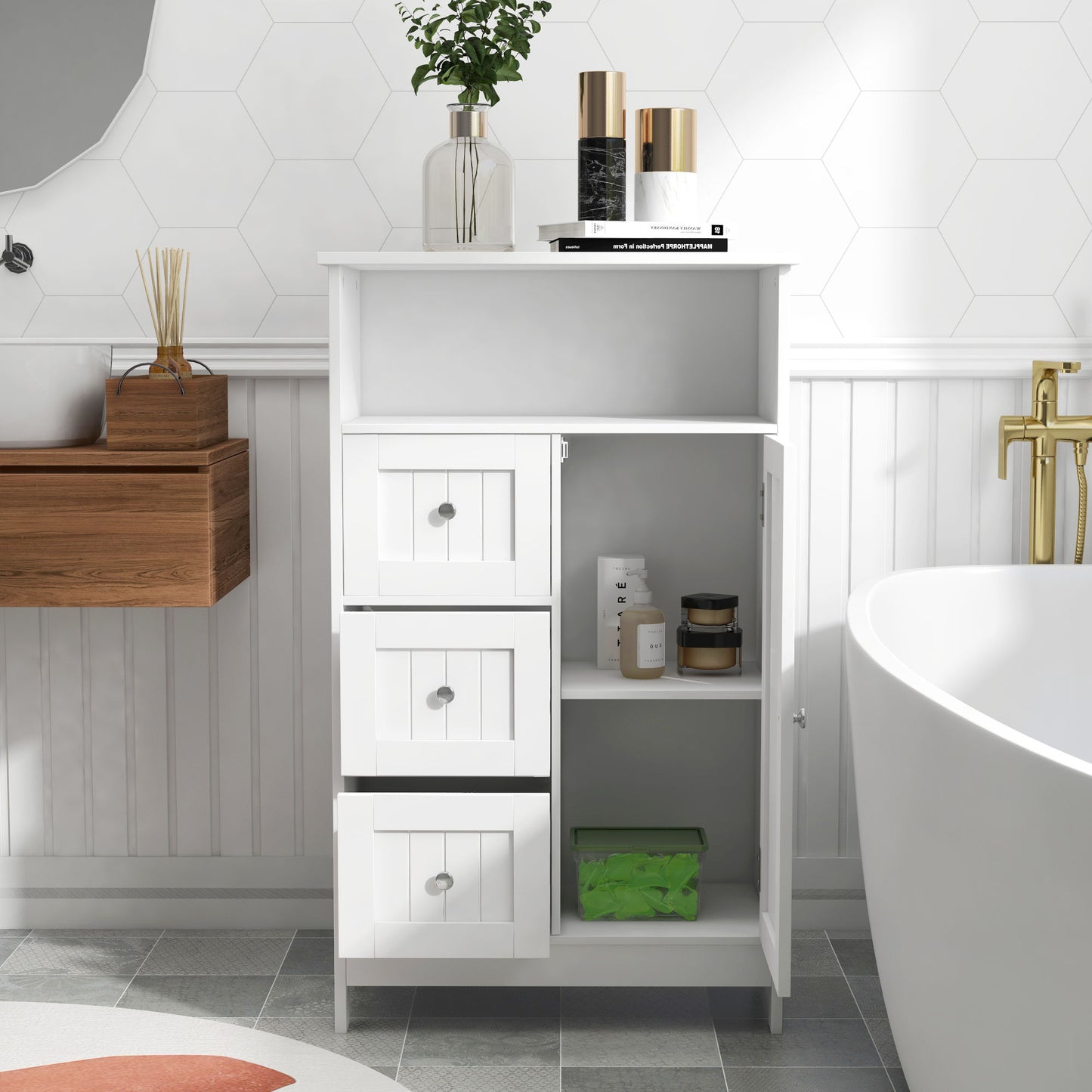 Bathroom standing storage cabinet with 3 drawers and 1 door