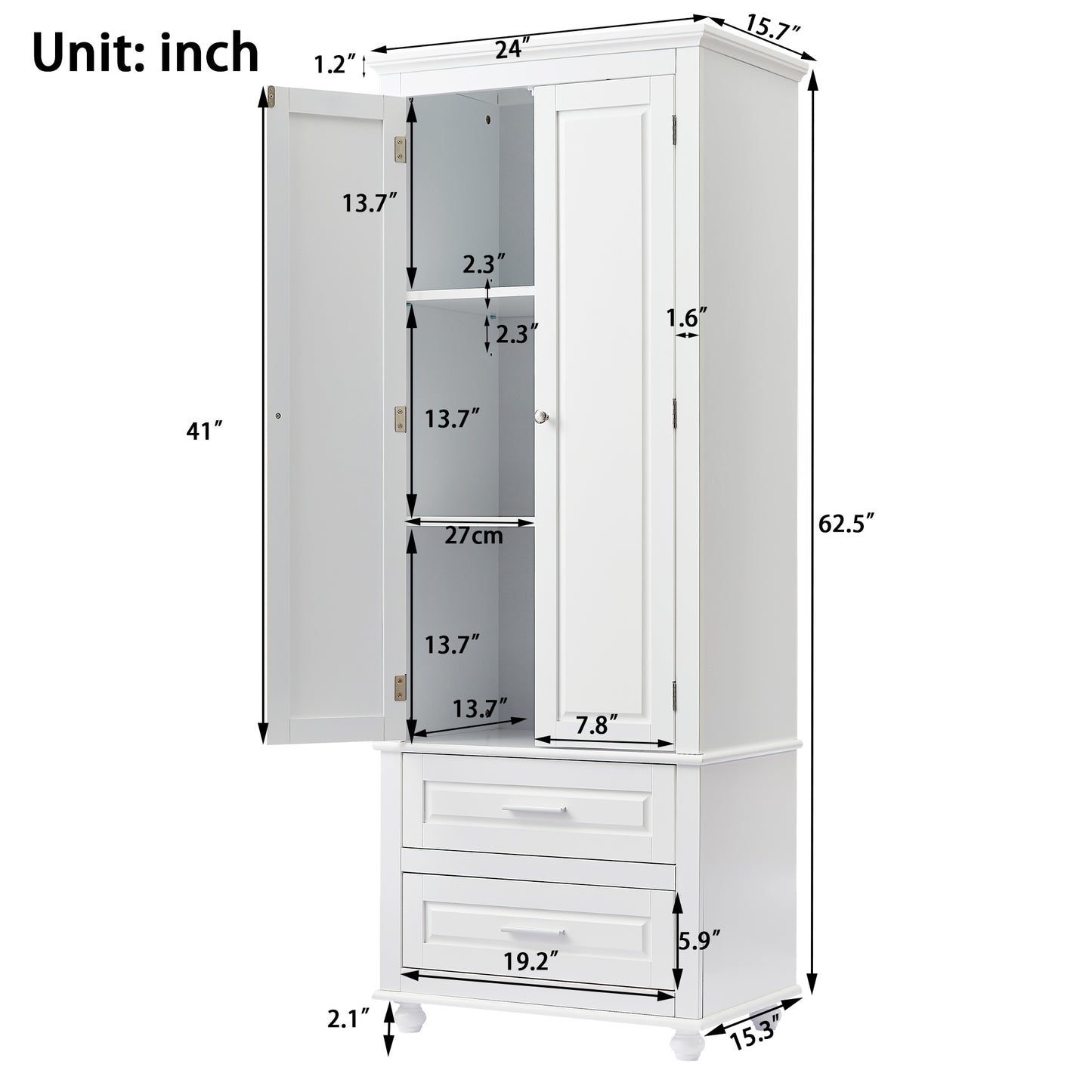 Tall Storage Cabinet with Two Drawers for Bathroom/Office