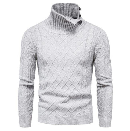Men's Sweater Pullover Heap Collar Ribbed Knitted Sweatershirt with Leather Buttons Winter