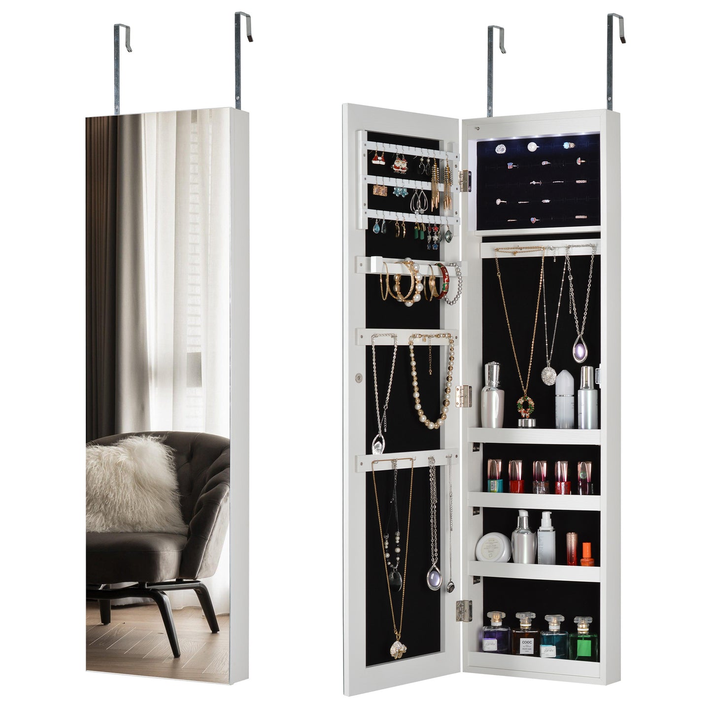 Full Mirror Jewelry Storage Cabinet - Can Be Hung on Door or Wall
