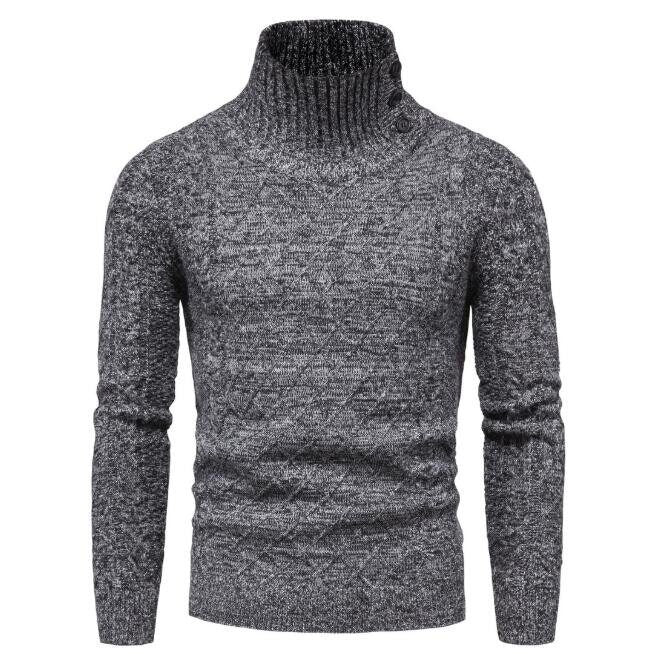 Men's Sweater Pullover Heap Collar Ribbed Knitted Sweatershirt with Leather Buttons Winter