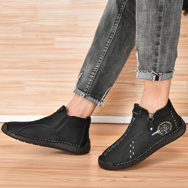 Spring Autumn Winter Ankle Martin Boots Men Retro Casual Slip on Leather Shoes Mid-top Hand Sewn Outdoor Zip Vintage Brown Green