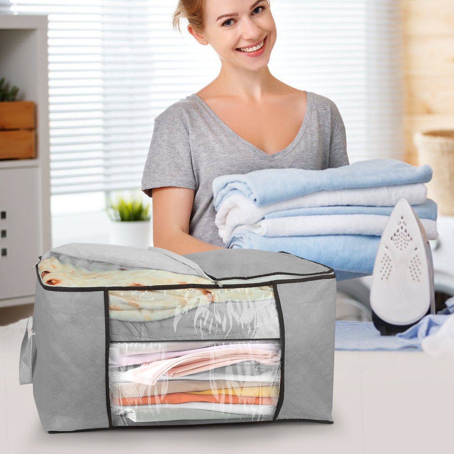 2Pc Storage Bag 90L Large Capacity Foldable Closet Organizer w/ Thick Fabric Clear Window