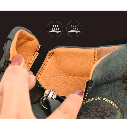 Spring Autumn Winter Ankle Martin Boots Men Retro Casual Slip on Leather Shoes Mid-top Hand Sewn Outdoor Zip Vintage Brown Green