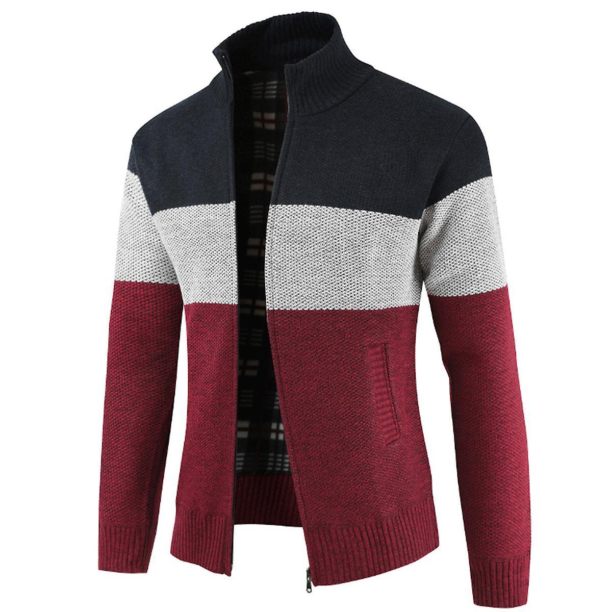 Men's Colorblocked Stand Collar Cardigan Sweater Jacket Outwear