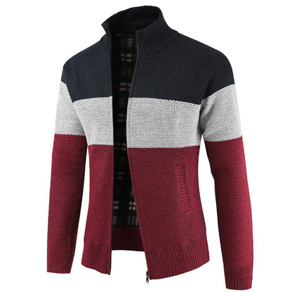 Men's Colorblocked Stand Collar Cardigan Sweater Jacket Outwear