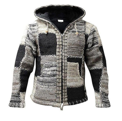Men's Patchwork Knitted Sweater Cardigan Hooded Jacket