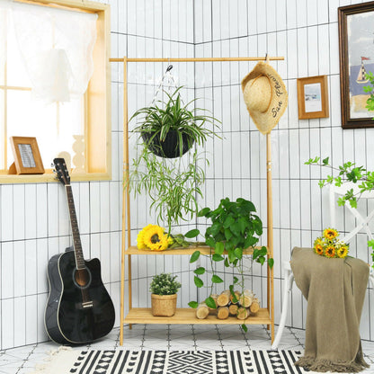 Bamboo Clothes Hanging Rack with 2-Tier Storage Shelf