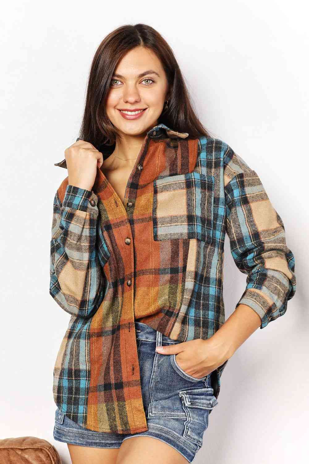 Double Take Plaid Curved Hem Shirt Jacket